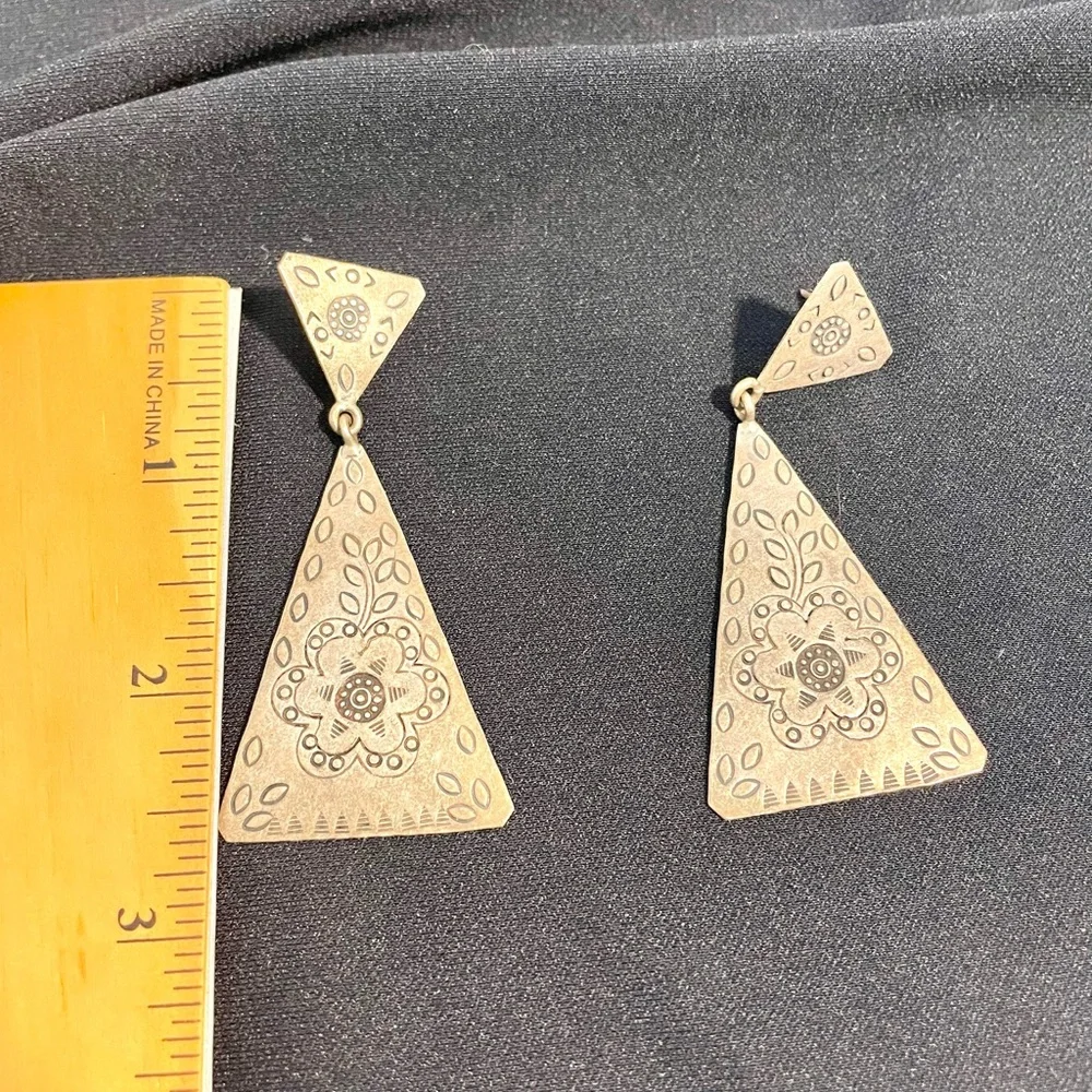 Sterling silver Bali dangle earrings hand made large triangle floral statement - Picture 5 of 9